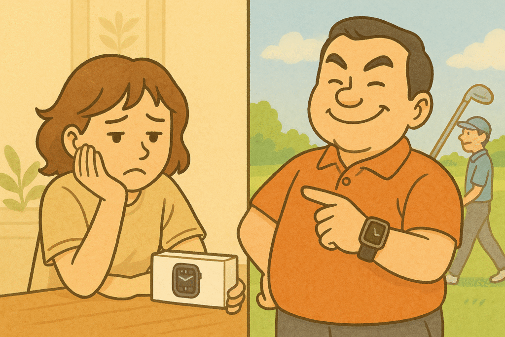 Apple Watchを前に悩む妻と、それを自慢げに着ける夫。夫が歩き始めるきっかけとなった一幕を描いたイラスト